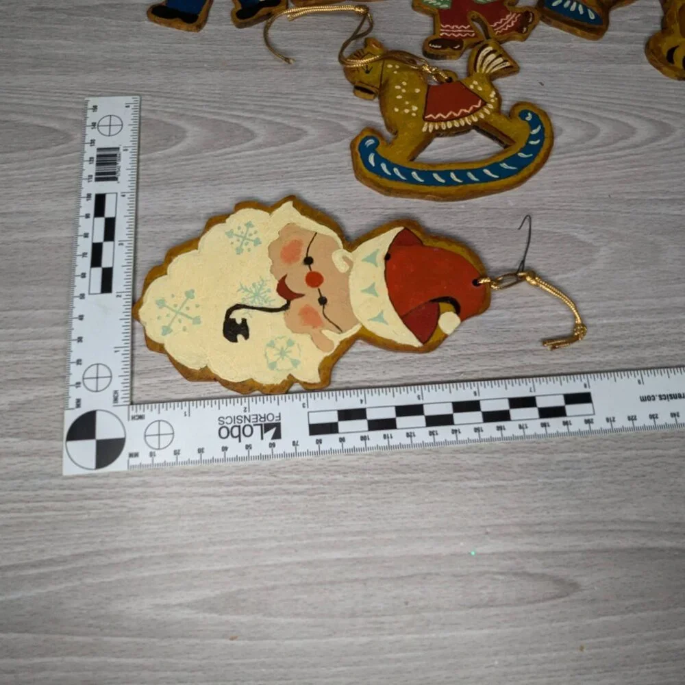 Vintage 1970s Hand Painted Flat Hard Board Christmas Ornaments Set of 8
